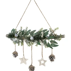 Glittered Holly Branch with Stars and Pinecones Christmas Wall Decoration - 20.75