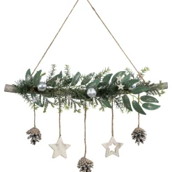 Glittered Holly Branch with Stars and Pinecones Christmas Wall Decoration - 20.75