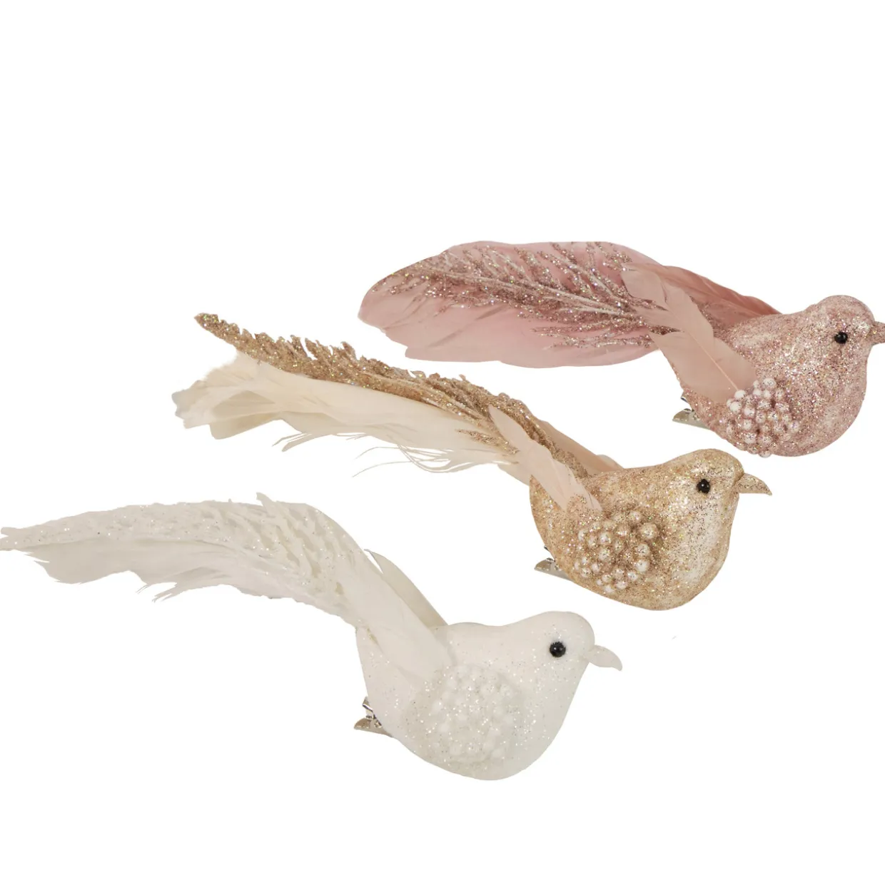 Glittered Bird Christmas Clip-on Ornaments - 6.5" - Pink and Champagne - Set of 3
