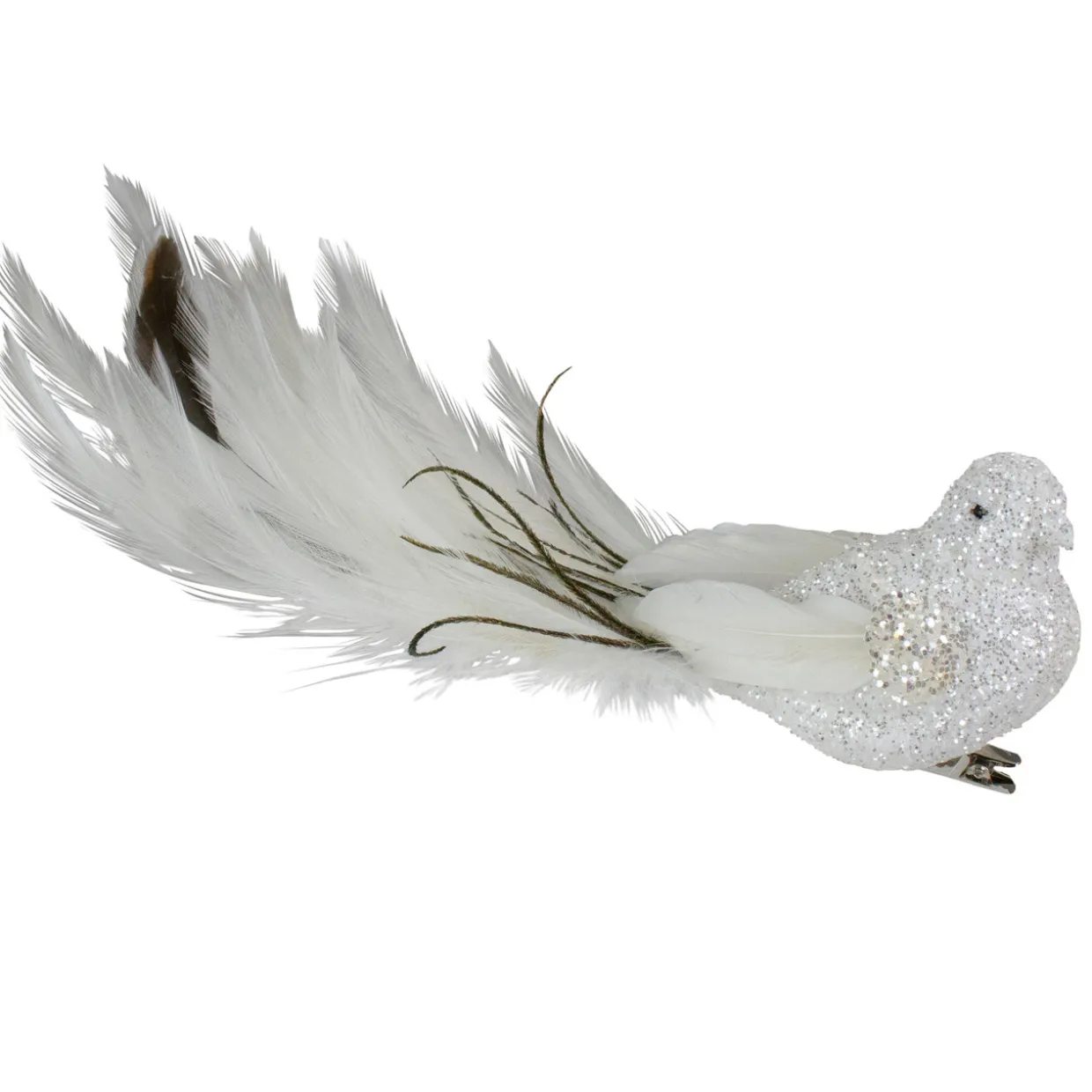 Glittered Bird with Feather Tail Clip-on Christmas Ornament - 8" - White and Black
