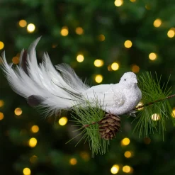 Glittered Bird with Feather Tail Clip-on Christmas Ornament - 8" - White and Black
