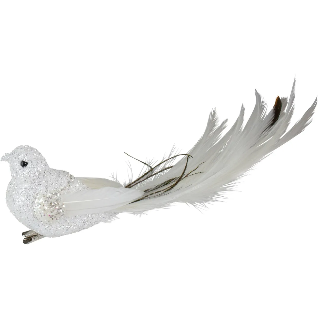 Glittered Bird with Feather Tail Clip-on Christmas Ornament - 8" - White and Black