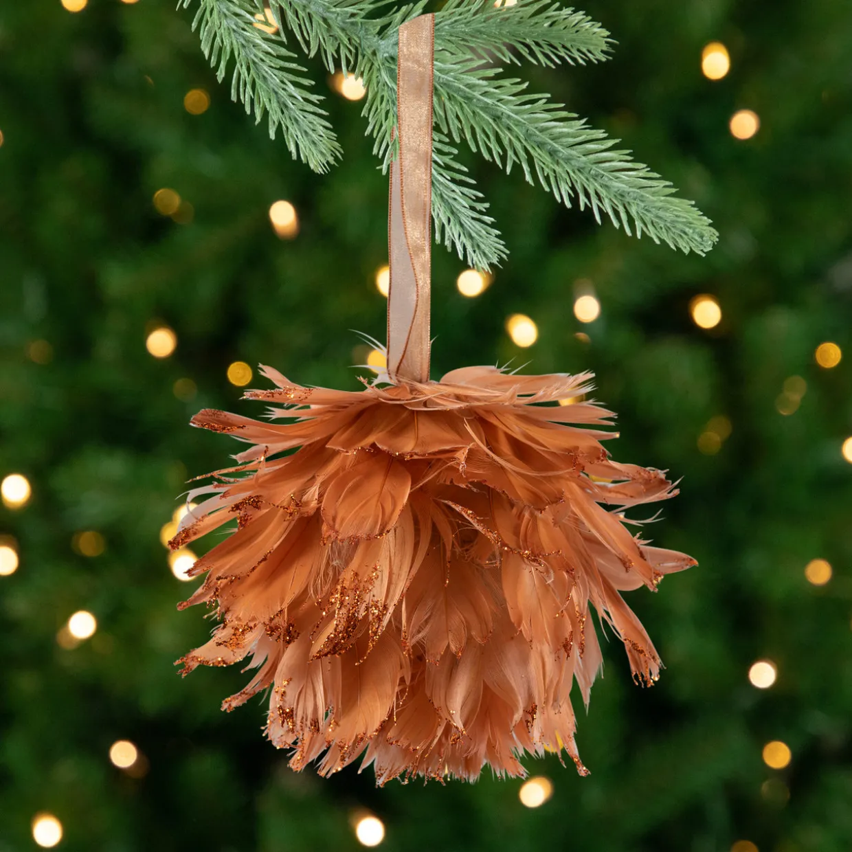 Glittered Feather Christmas Ball Ornament - 6" - Rust Orange