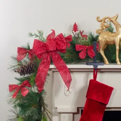 Glittered 6-Loop Christmas Bow Decoration - 9" x 14" - Red