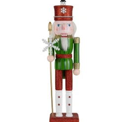 Glittered Nutcracker with Snowflake Scepter Christmas Figure - 15" - Red and Green