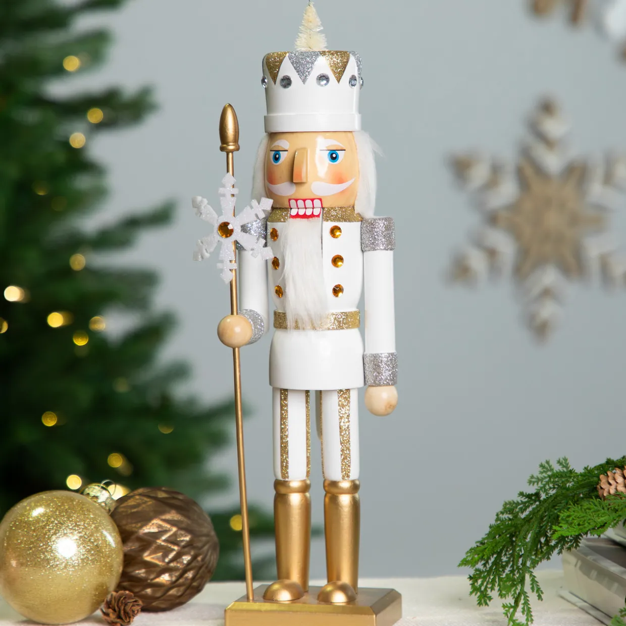 Glittered Nutcracker with Snowflake Scepter Christmas Figure - 15" - White