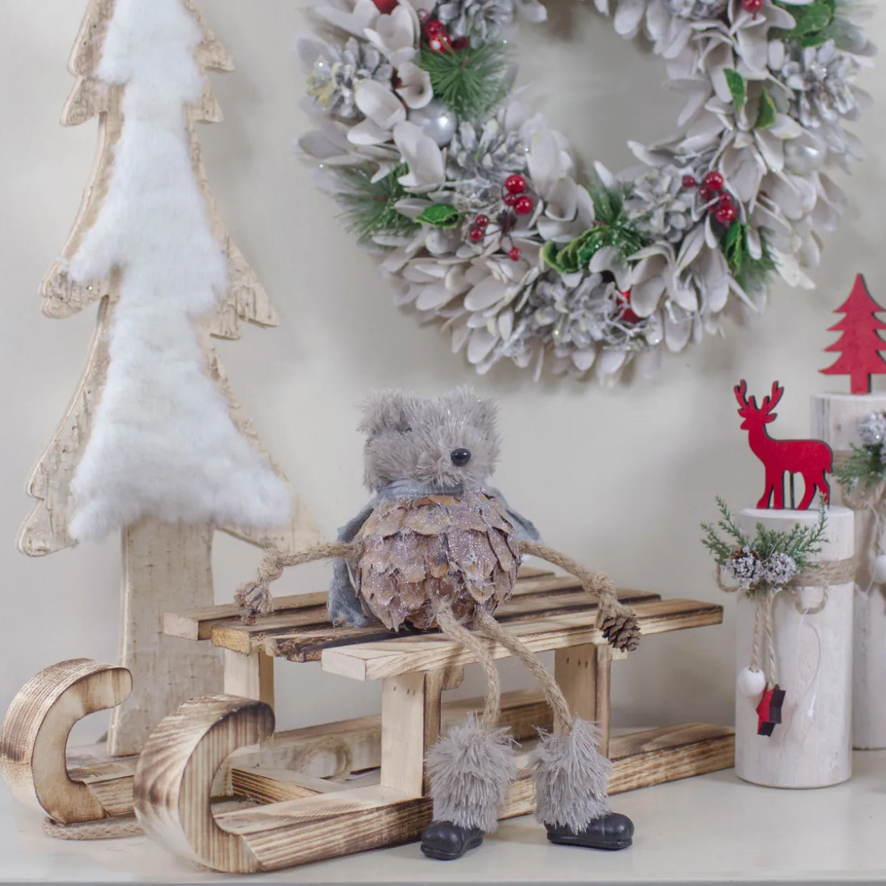 Glittered Pinecone Fuzzy Bear Christmas Figure - 5.5"