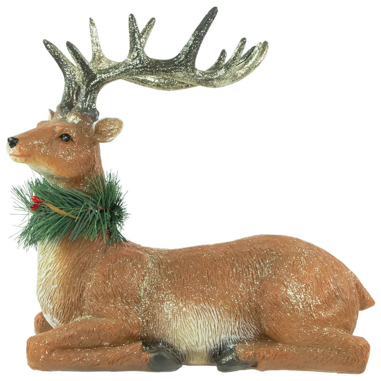 Glittered Sitting Deer with Pine Neck Wreath Christmas Decoration - 10"