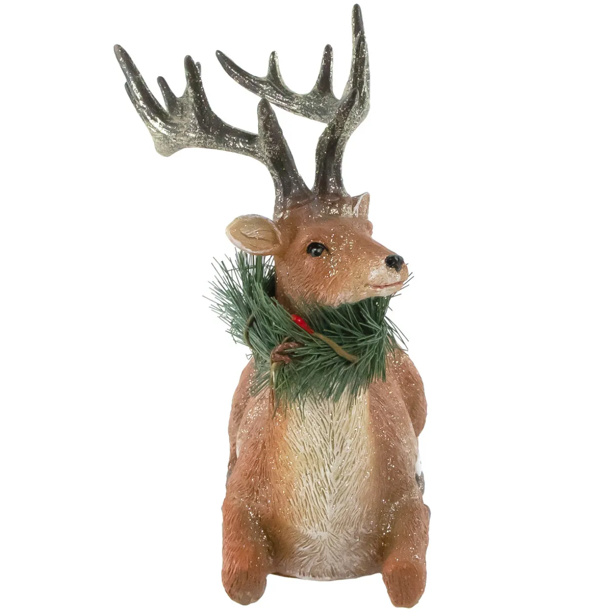 Glittered Sitting Deer with Pine Neck Wreath Christmas Decoration - 10"