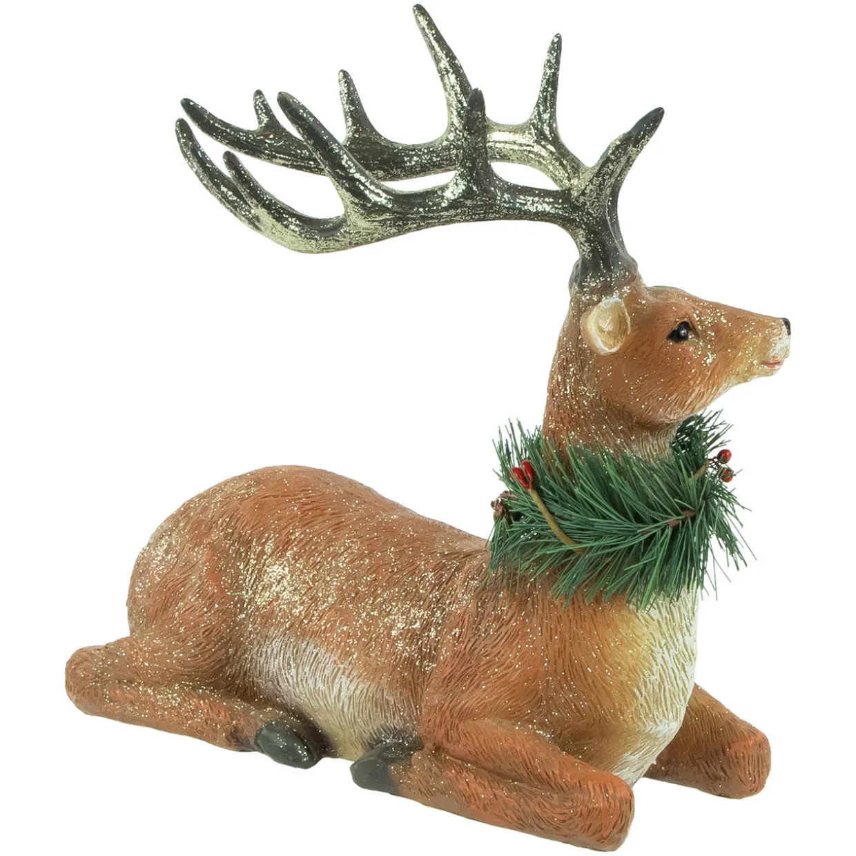 Glittered Sitting Deer with Pine Neck Wreath Christmas Decoration - 10"
