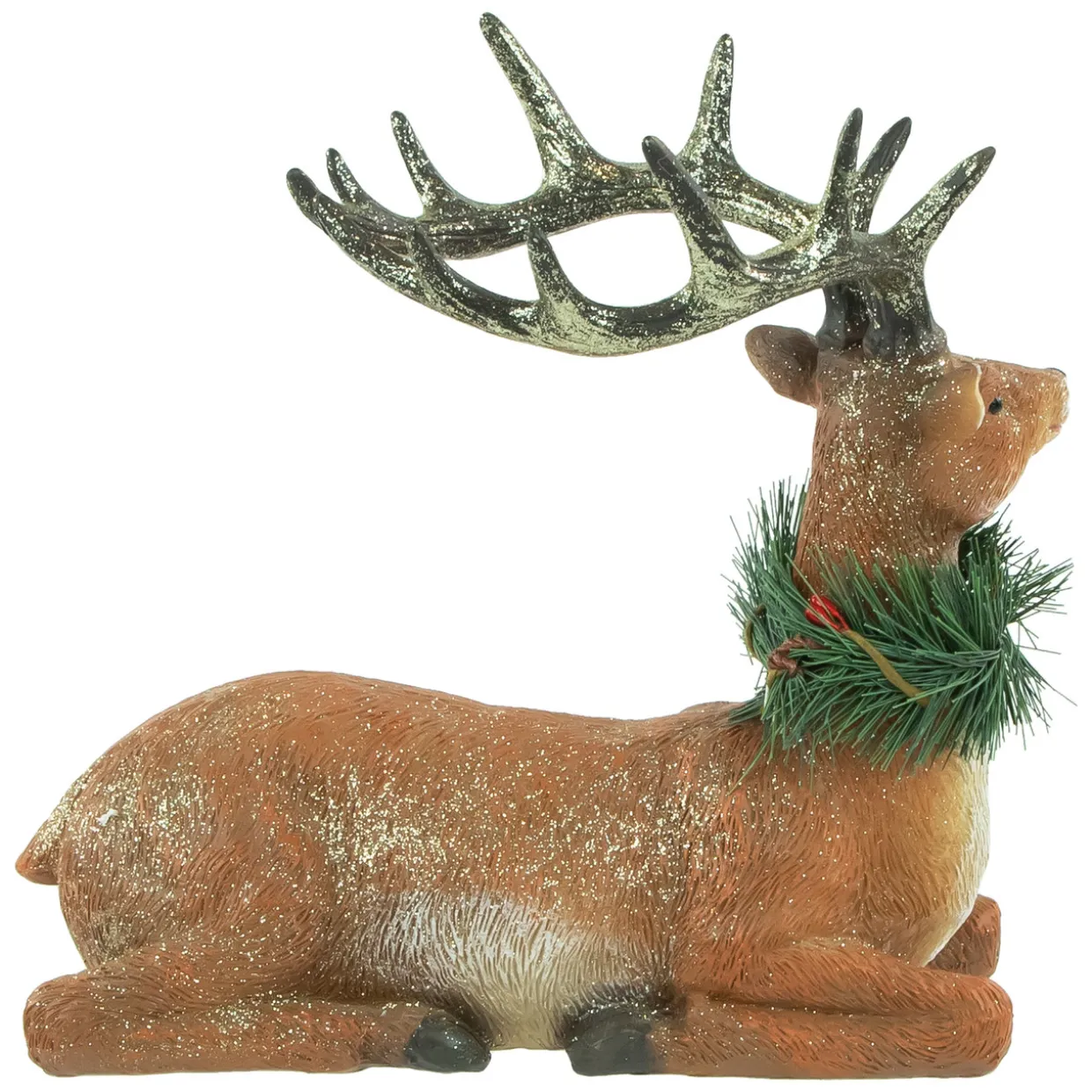 Glittered Sitting Deer with Pine Neck Wreath Christmas Decoration - 10"