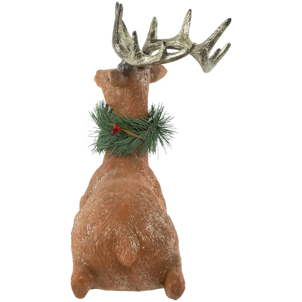 Glittered Sitting Deer with Pine Neck Wreath Christmas Decoration - 10"