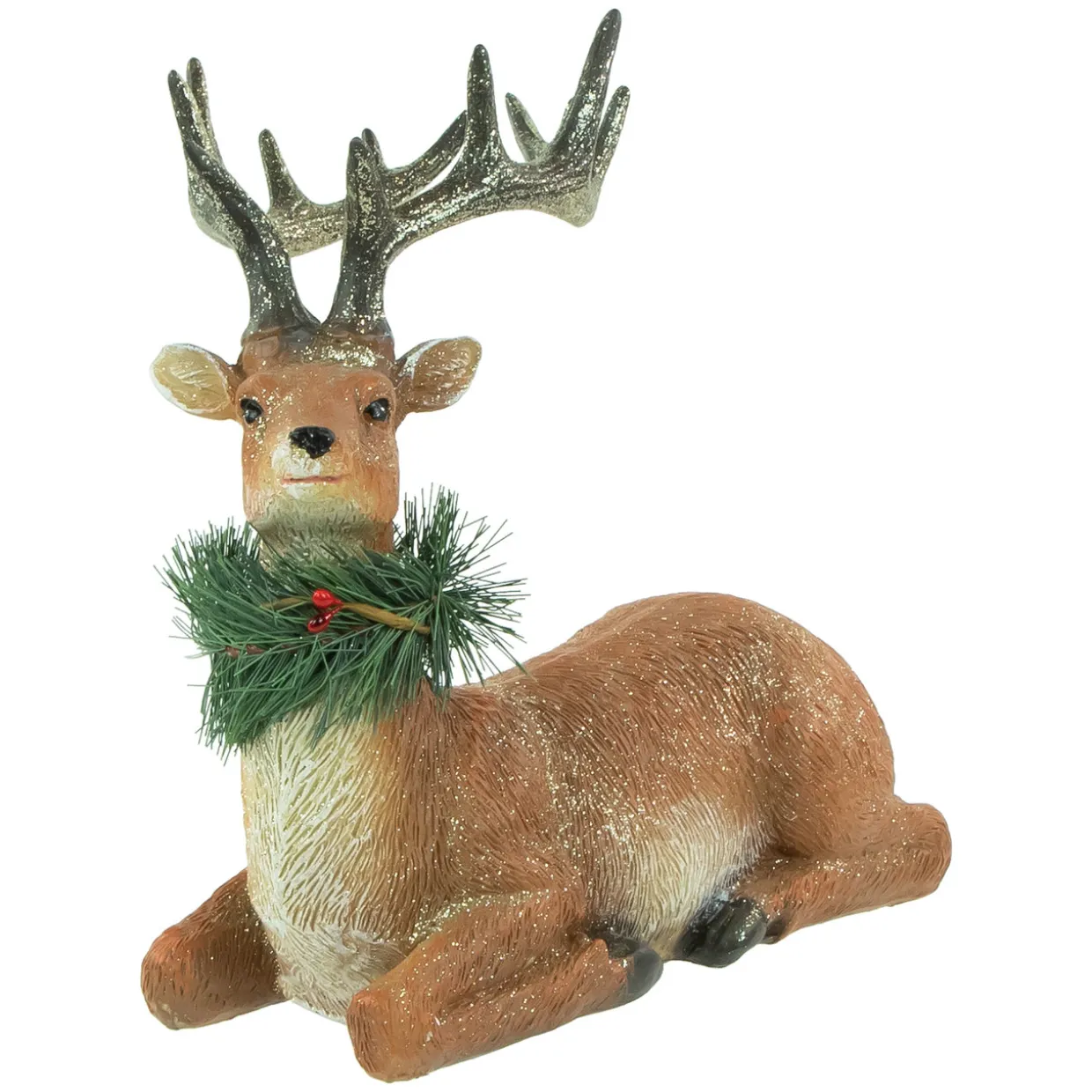 Glittered Sitting Deer with Pine Neck Wreath Christmas Decoration - 10"