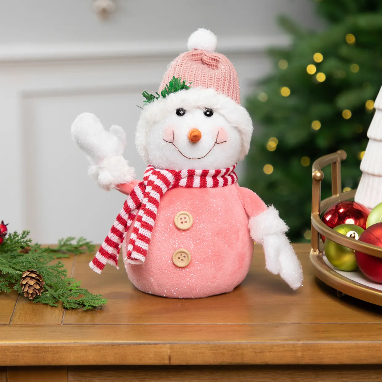 Glittered Snowman with Knitted Hat Christmas Figurine - 8.5"