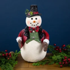Glittered Snowman with Vest and Bow Tie Christmas Figure - 12.5"