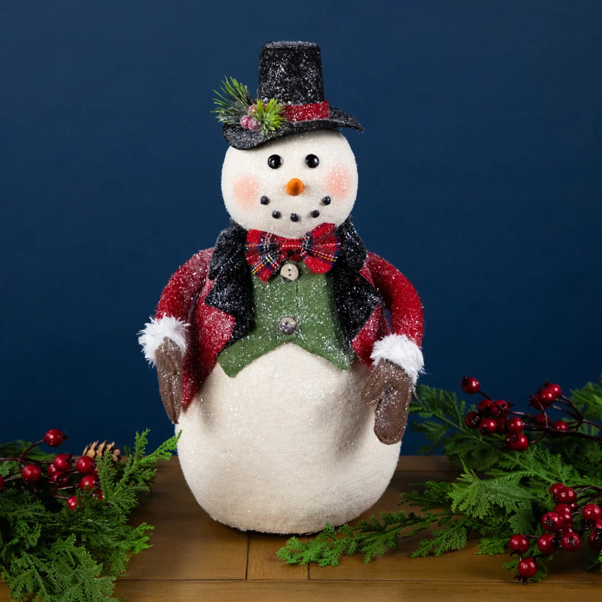 Glittered Snowman with Vest and Bow Tie Christmas Figure - 12.5"