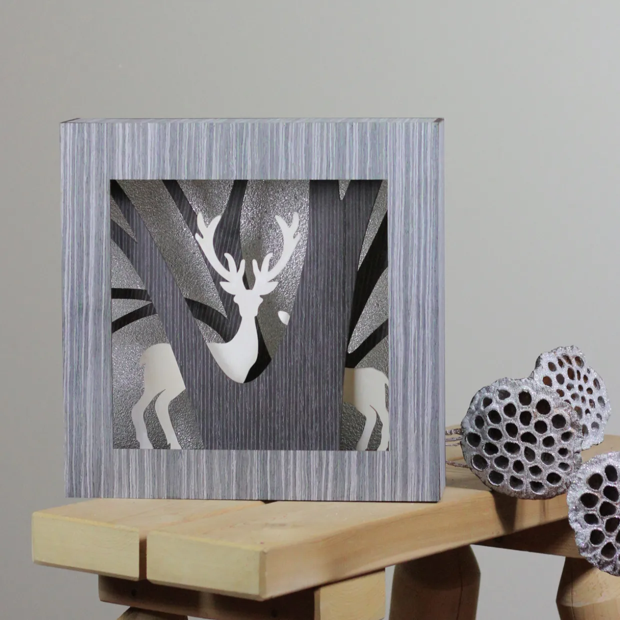 Glittered Woodland Deer Silhouette Box Framed Christmas Decoration - 12"