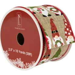 Gnome Burlap Style Wired Craft Christmas Ribbon 2.5" x 10 Yards
