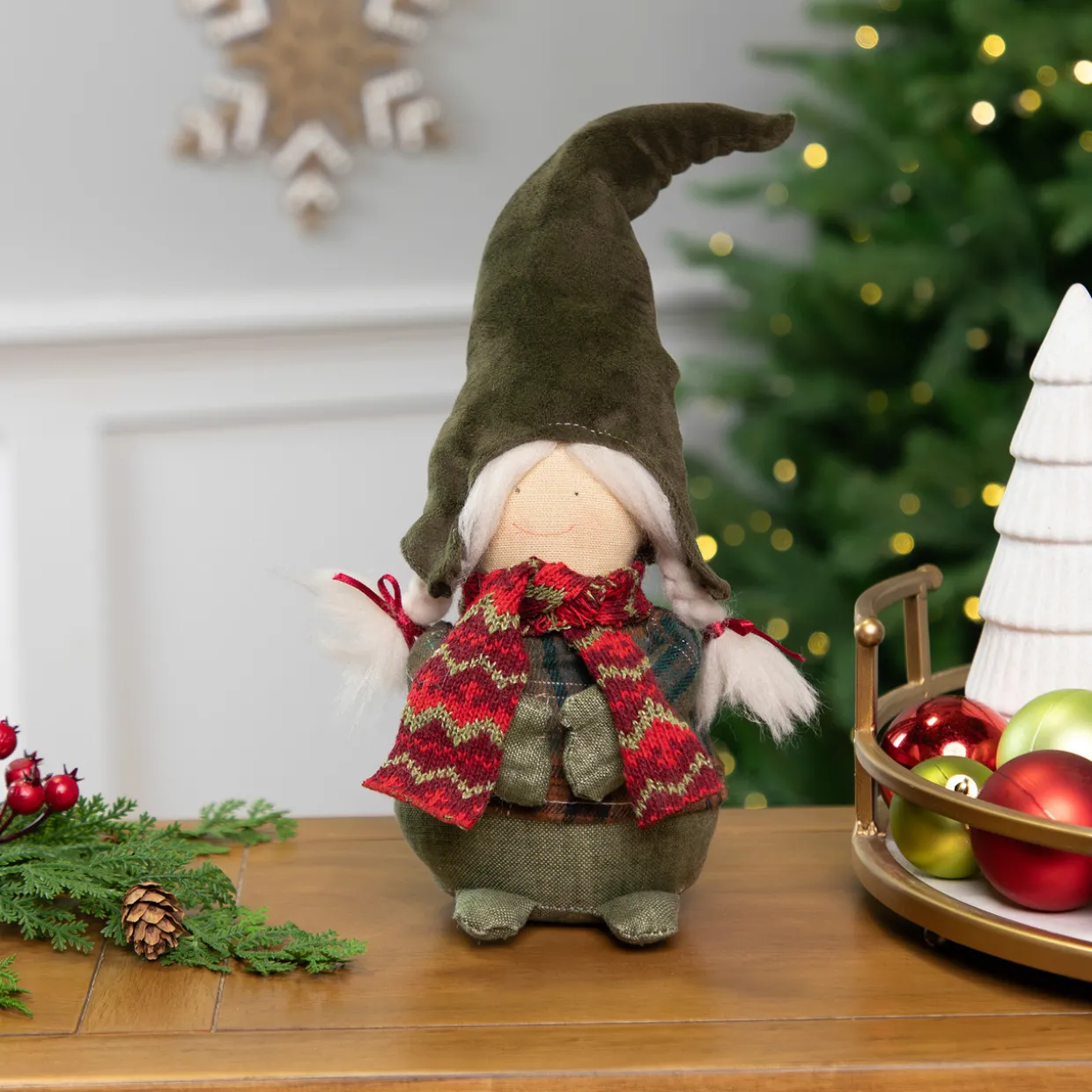 Gnome Girl with Plaid Outfit Christmas Figurine - 12.5"