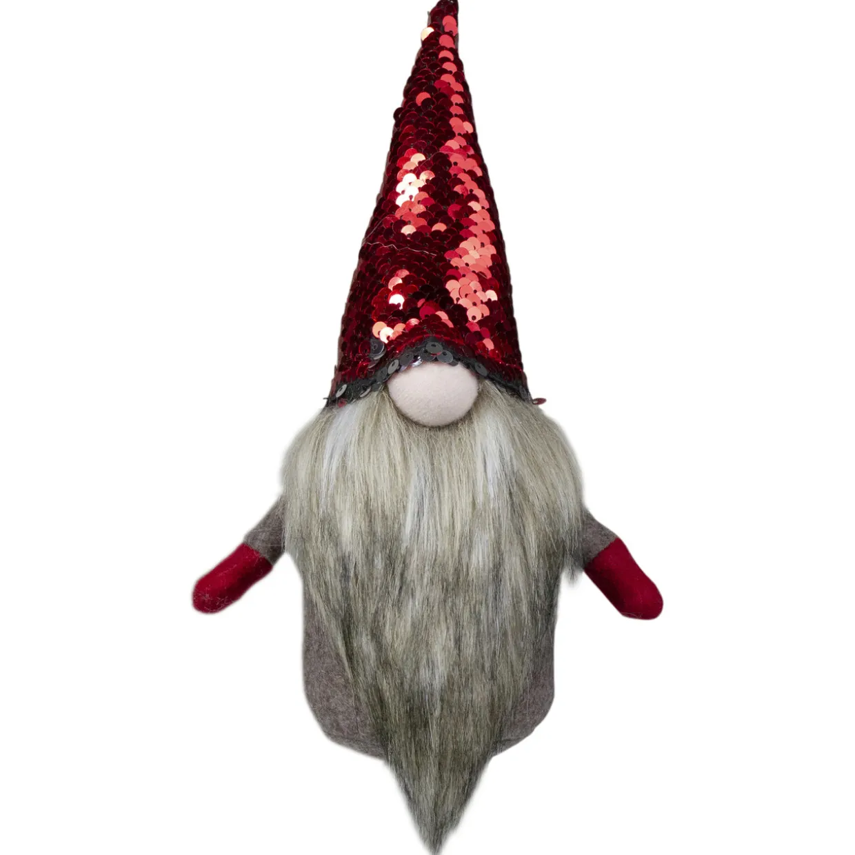 Gnome with Beard and Flip Sequin Hat Christmas Figure - 9" - Red and Gray