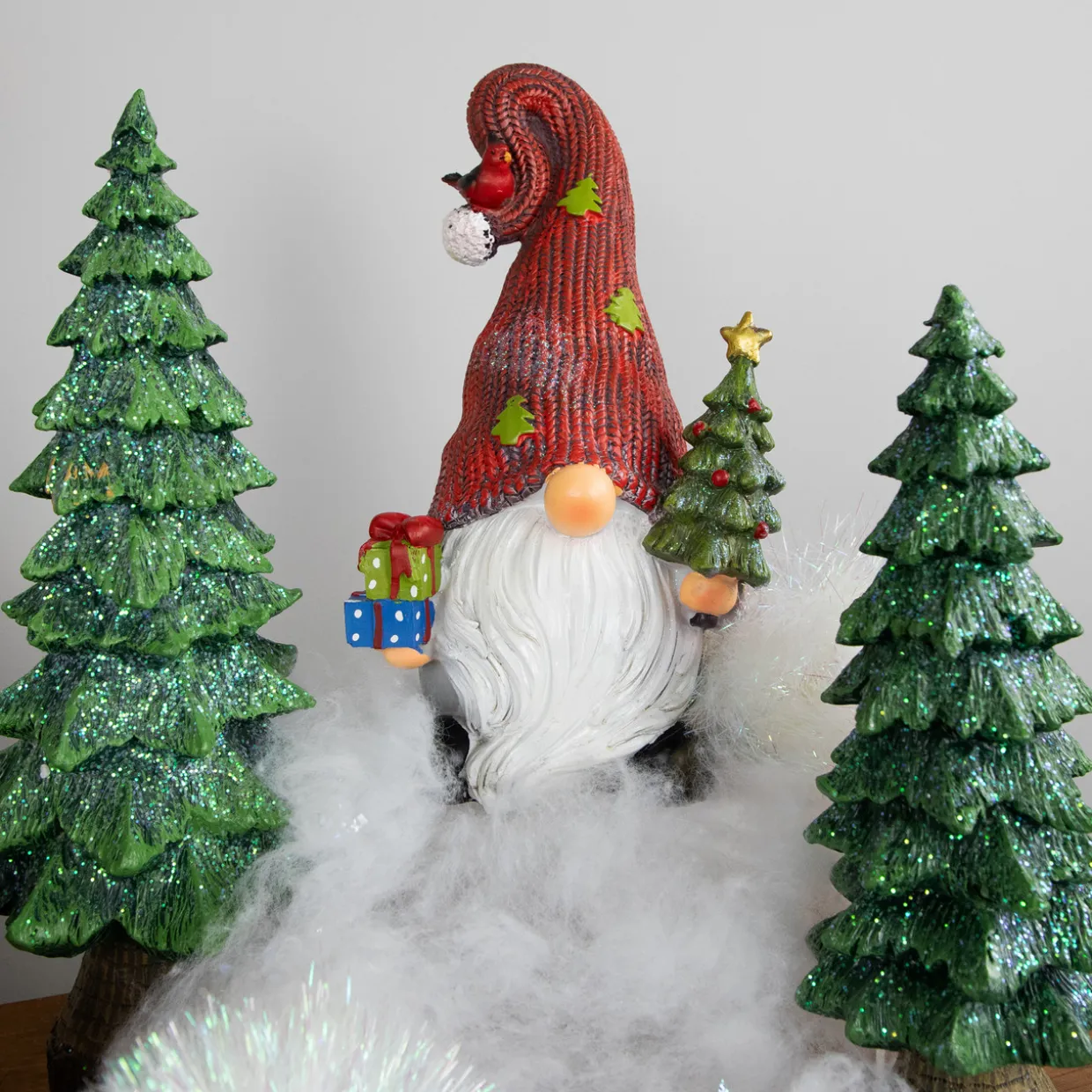 Gnome with Cardinal Holding Christmas Tree Decoration - 9"