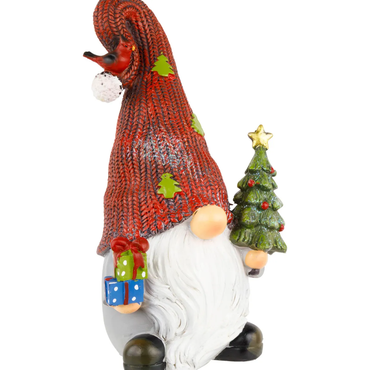 Gnome with Cardinal Holding Christmas Tree Decoration - 9"