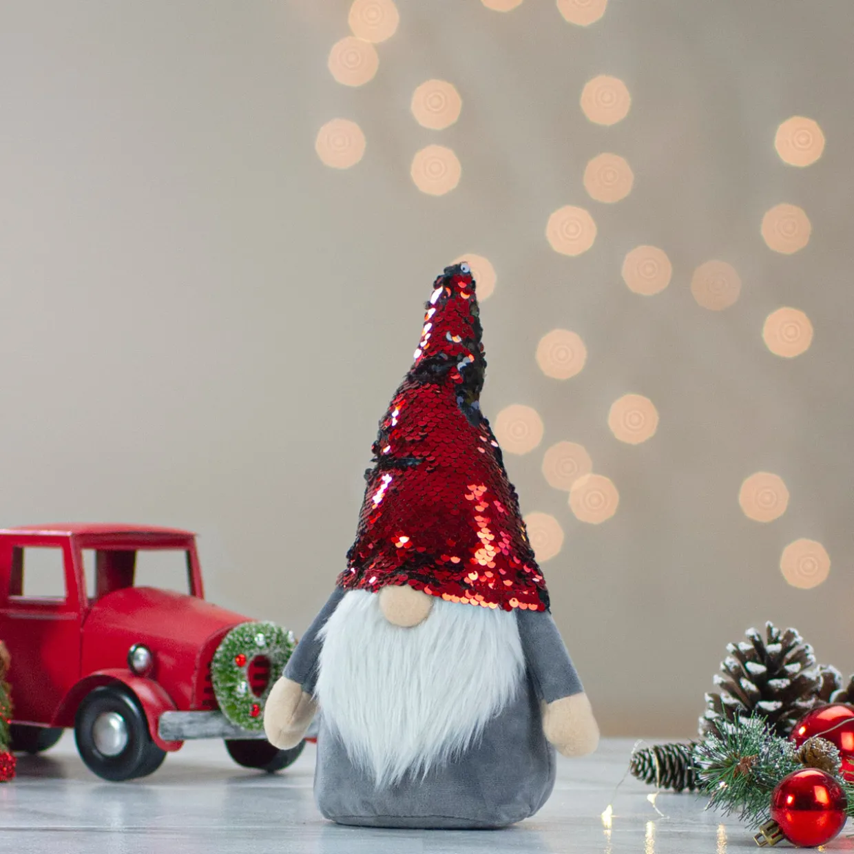 Gnome with Flip Sequin Hat Christmas Figure - 18" - Red and Gray