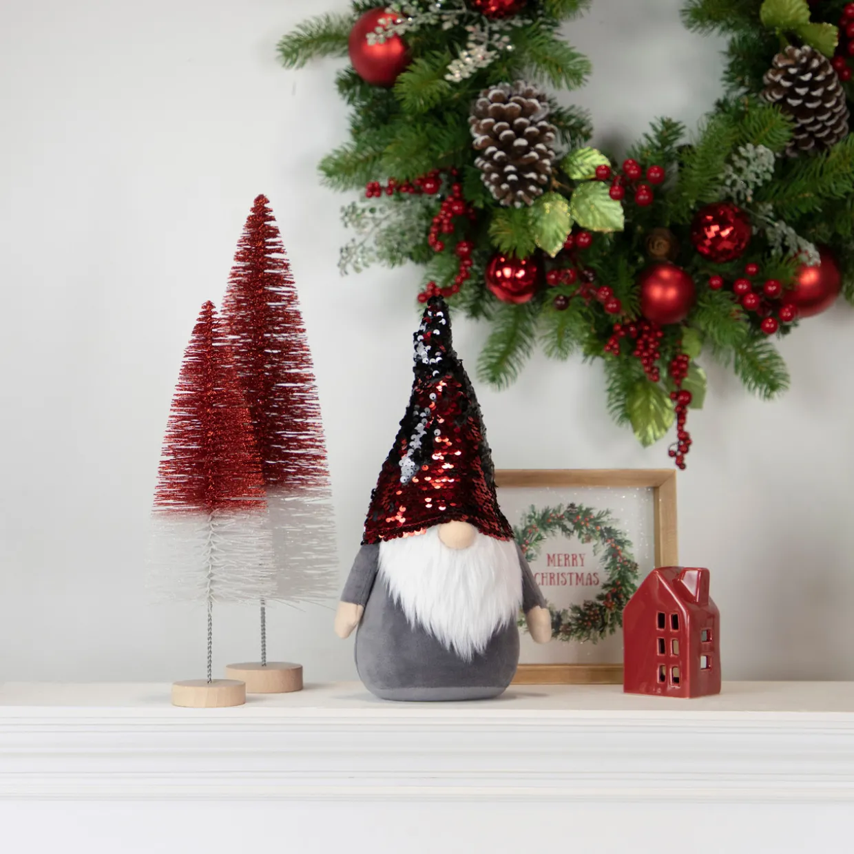 Gnome with Flip Sequin Hat Christmas Figure - 18" - Red and Gray