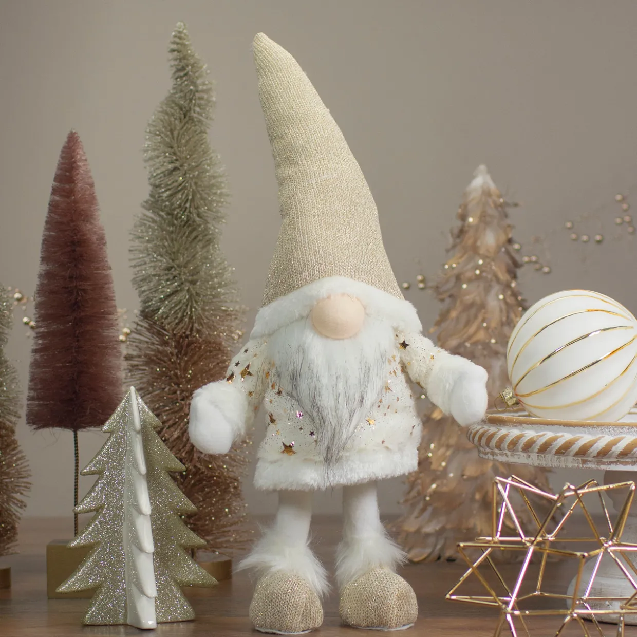 Gnome with Stars and Faux Fur Sweater Christmas Decoration - 17" - White and Cream