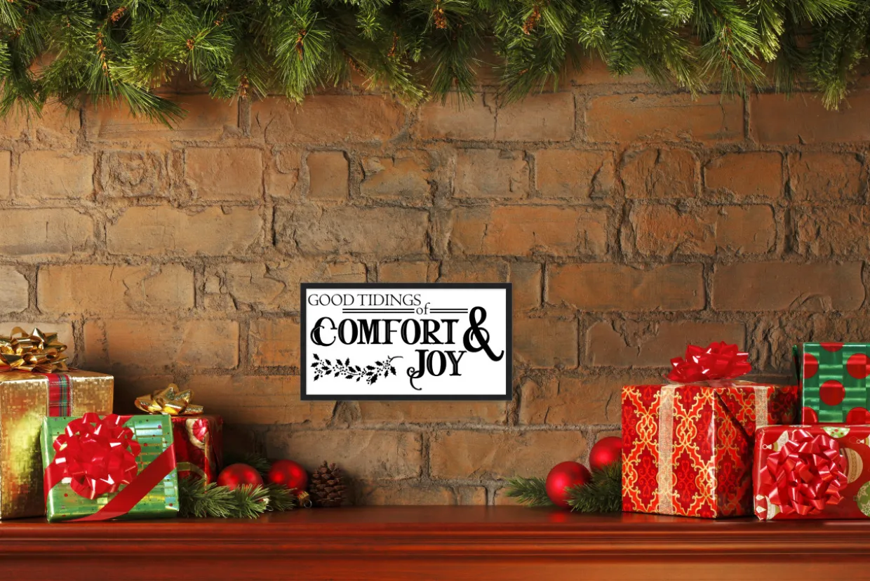 Good Tiding of Comfort and Joy 7.5" x 13.5" Framed Christmas Wall Decor Art Print Sign Poster in a Black Wooden Frame with UV Acrylic and Hangers