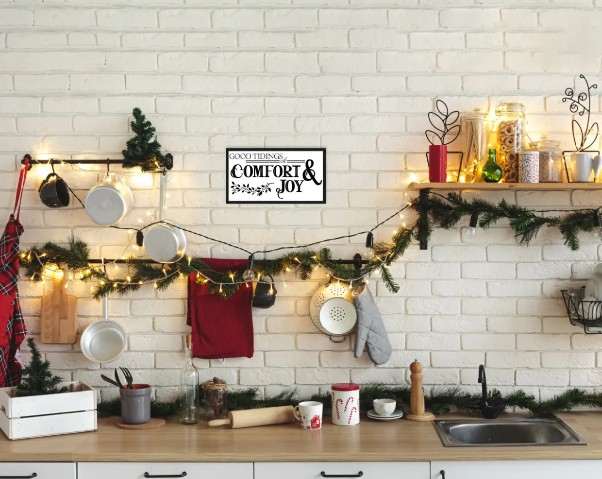 Good Tiding of Comfort and Joy 7.5" x 13.5" Framed Christmas Wall Decor Art Print Sign Poster in a Black Wooden Frame with UV Acrylic and Hangers