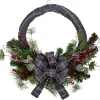 Gray and Red Plaid Artificial Christmas Wreath with Red Berries - 24-Inch, Unlit