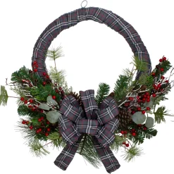 Gray and Red Plaid Artificial Christmas Wreath with Red Berries - 24-Inch, Unlit
