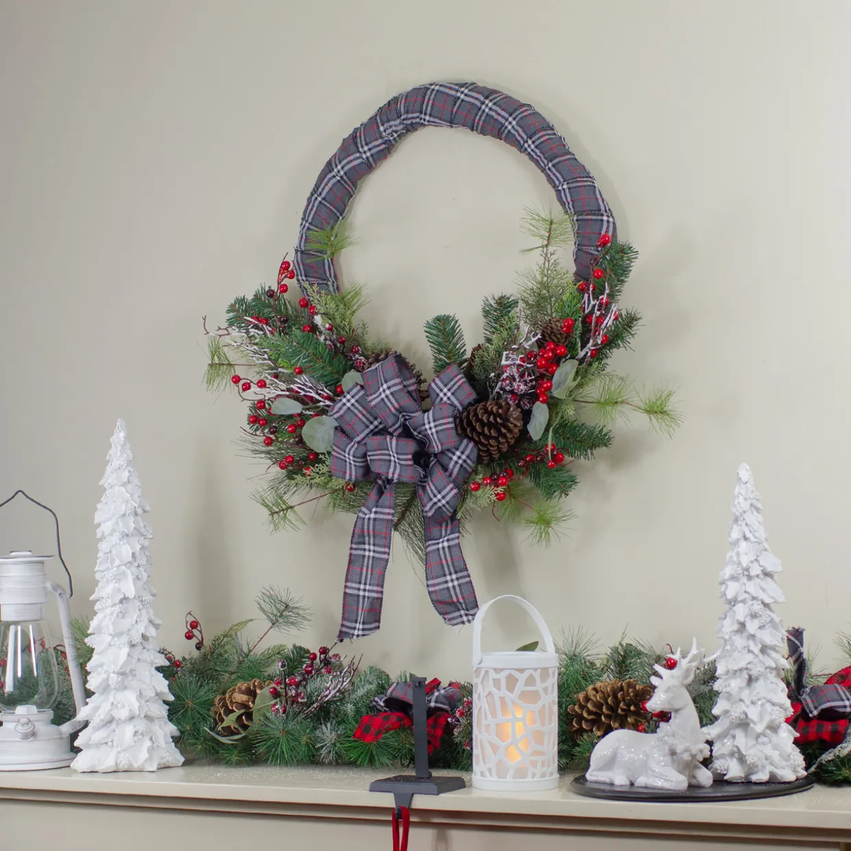 Gray and Red Plaid Artificial Christmas Wreath with Red Berries - 24-Inch, Unlit
