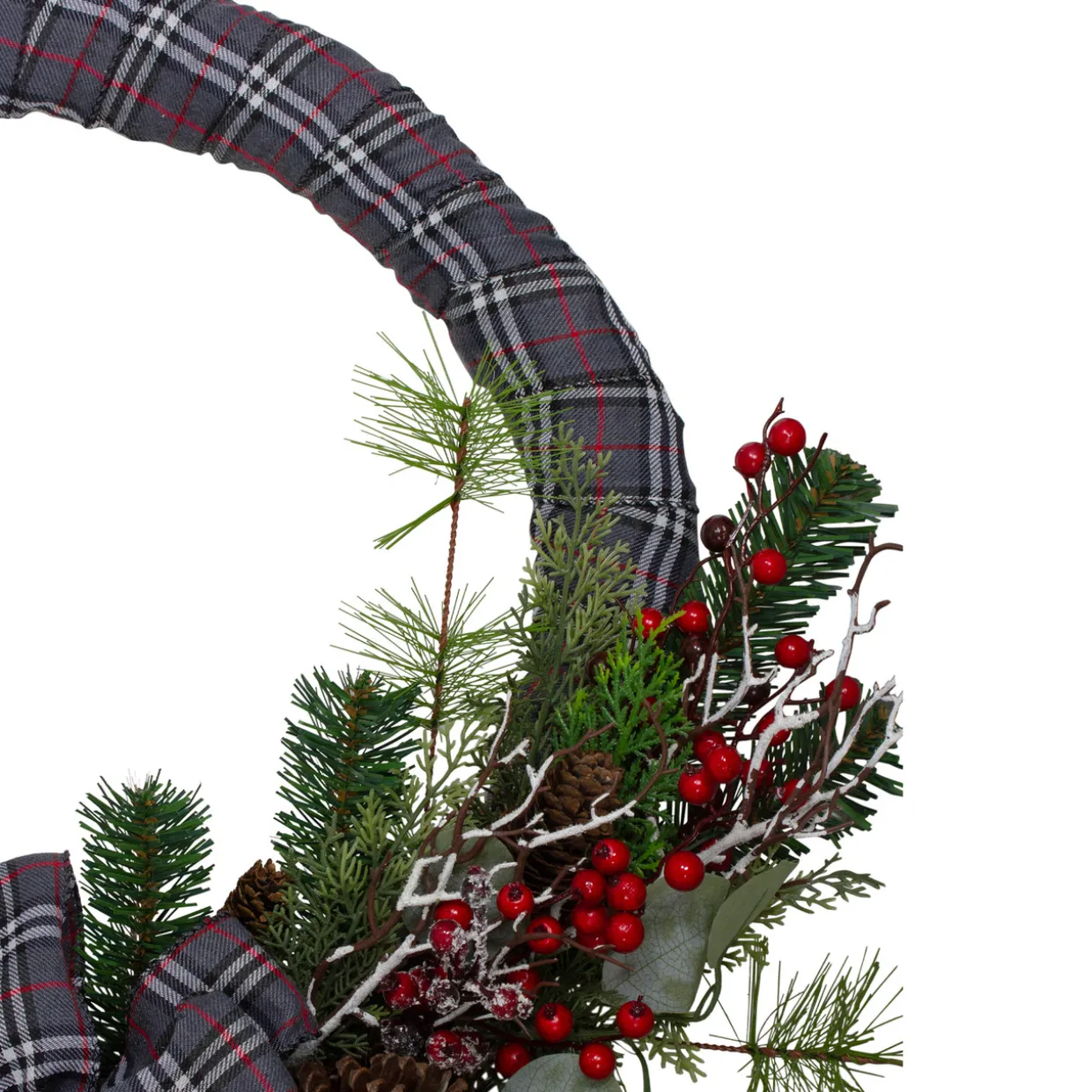 Gray and Red Plaid Artificial Christmas Wreath with Red Berries - 24-Inch, Unlit