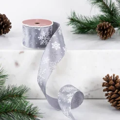 Gray and White Shimmering Snowflakes Wired Craft Christmas Ribbon 2.5" x 10 Yards