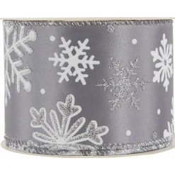 Gray and White Shimmering Snowflakes Wired Craft Christmas Ribbon 2.5