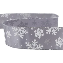 Gray and White Shimmering Snowflakes Wired Craft Christmas Ribbon 2.5