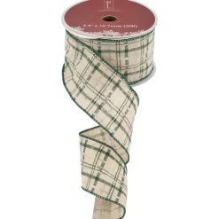 Green and Beige Plaid Wired Craft Christmas Ribbon 2.5