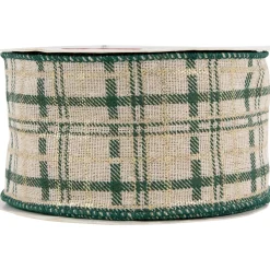 Green and Beige Plaid Wired Craft Christmas Ribbon 2.5