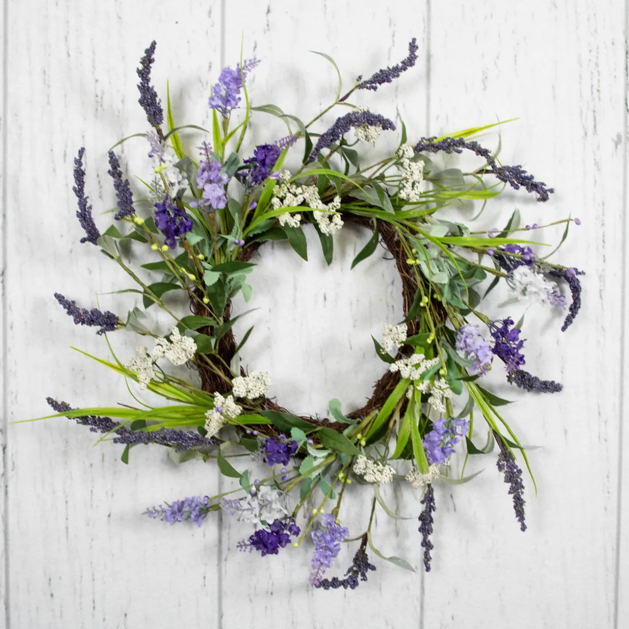 Green and Purple Twig Artificial Floral Wreath, 16-Inch - Unlit