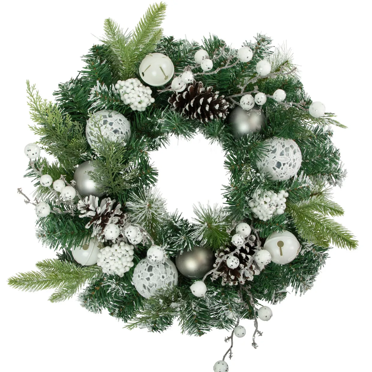 Green Pine Frosted Artificial Christmas Wreath with Laced Ornaments, 24-Inch, Unlit