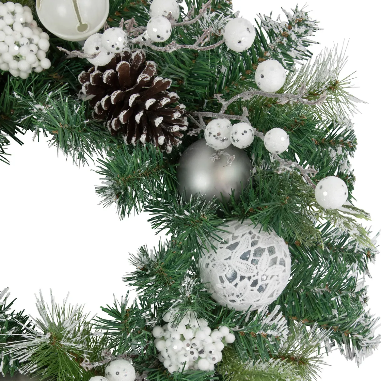 Green Pine Frosted Artificial Christmas Wreath with Laced Ornaments, 24-Inch, Unlit