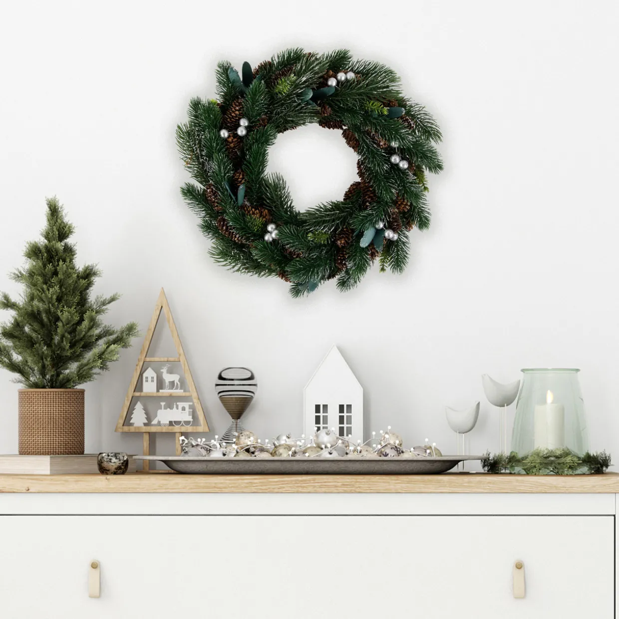 Green Pine, Pinecone with Berries Artificial Christmas Wreath, 14", Unlit