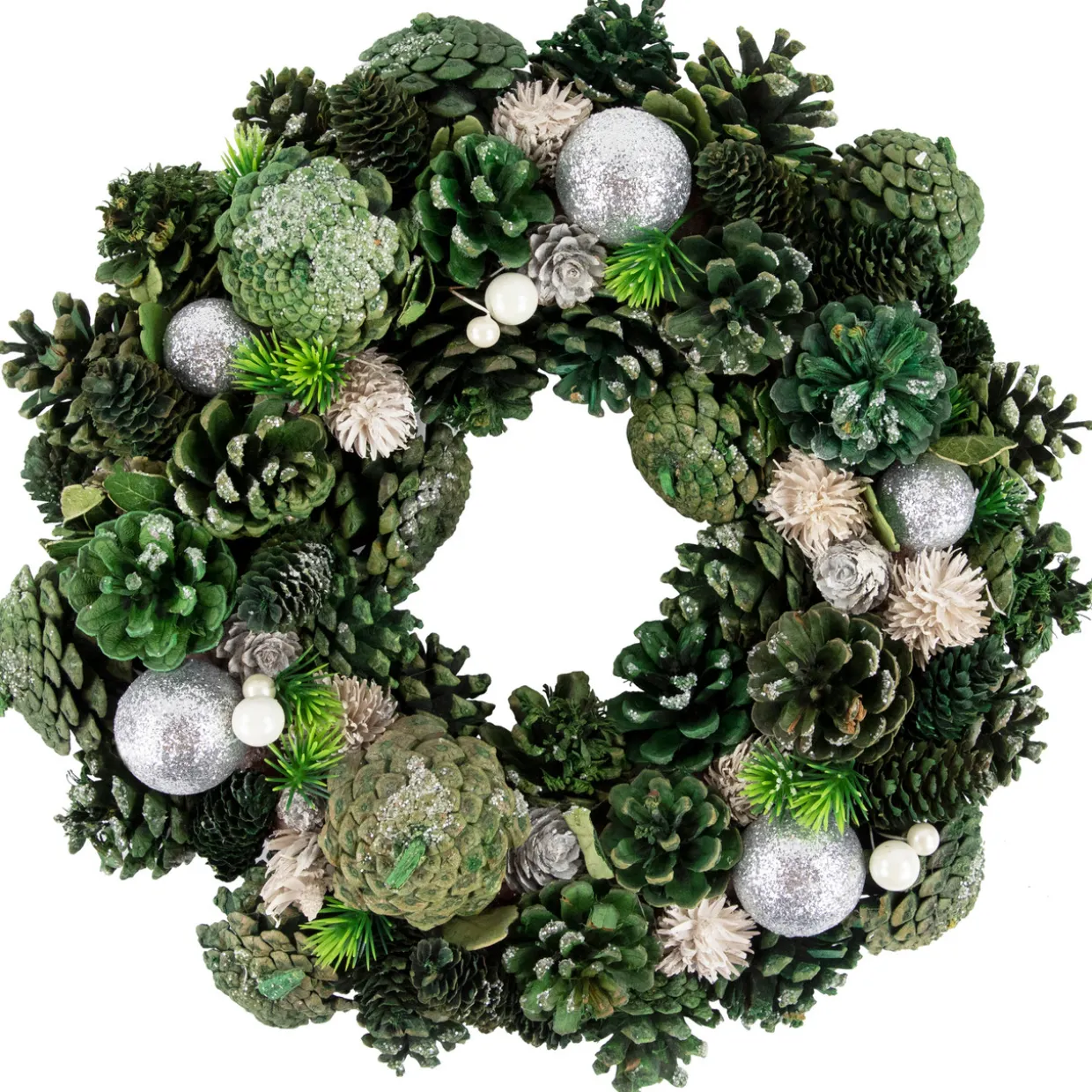Green Pinecone and Foliage Artificial Christmas Wreath, 14-Inch, Unlit