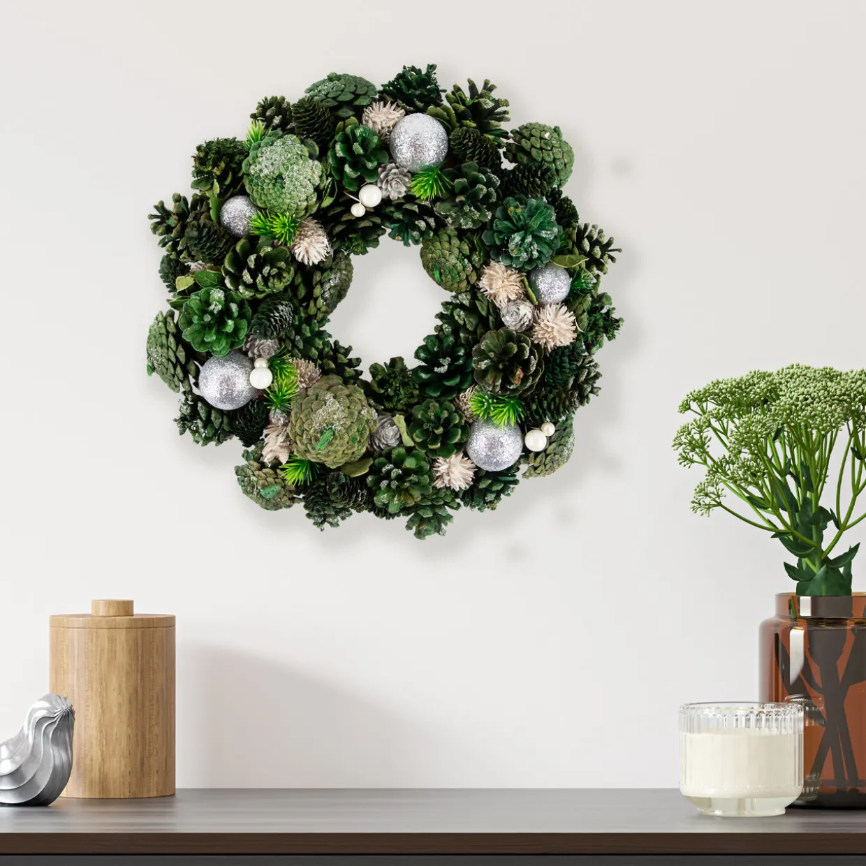 Green Pinecone and Foliage Artificial Christmas Wreath, 14-Inch, Unlit