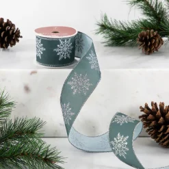 Green with Glitter Snowflakes Wired Craft Christmas Ribbon 2.5