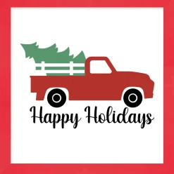 Happy Holidays Red Truck 15.5" x 15.5" Framed Christmas Wall Decor Art Print Sign Poster in a Red Wooden Frame with UV Acrylic and Hangers