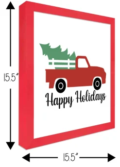 Happy Holidays Red Truck 15.5" x 15.5" Framed Christmas Wall Decor Art Print Sign Poster in a Red Wooden Frame with UV Acrylic and Hangers