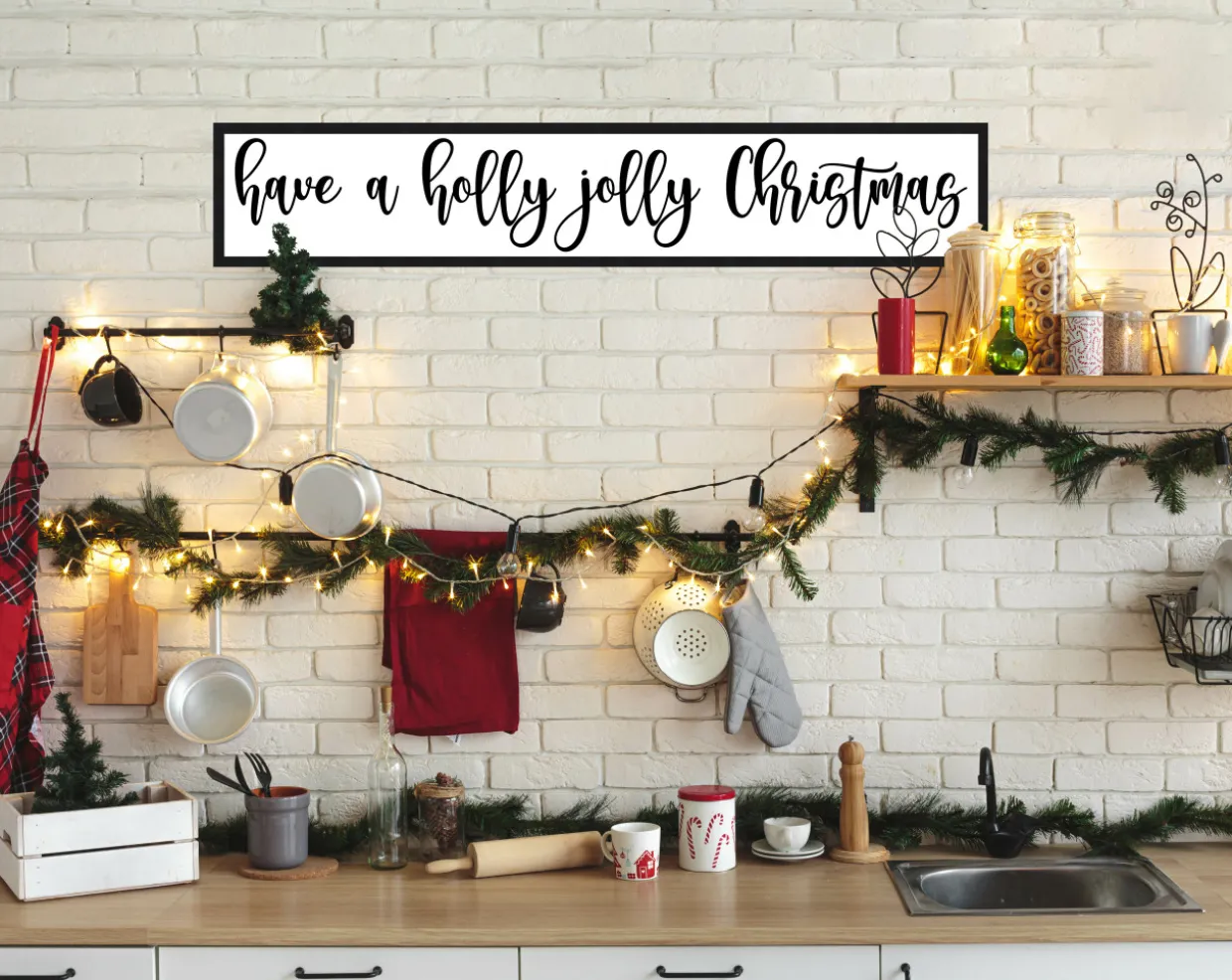 Have a Holly Jolly Christmas 8" x 41.5" Framed Christmas Wall Decor Art Print Sign Poster in a Black Wooden Frame with UV Acrylic and Hangers